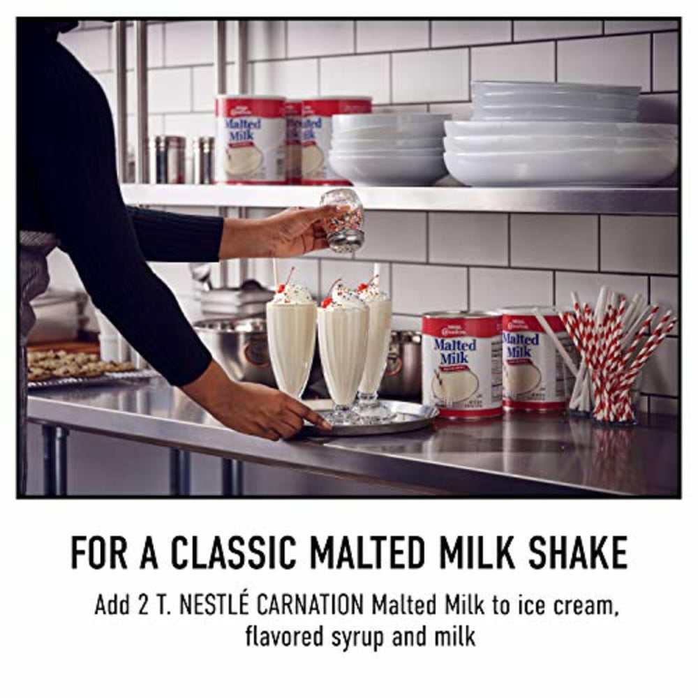 Carnation Malted Milk powder shake-glass, enhances shakes with toasted malt flavor
