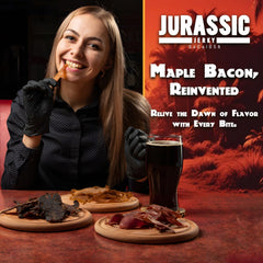 Slices of bacon jerky on a wooden board ready for a quick snack.