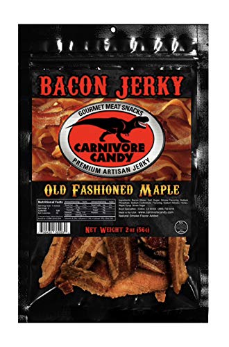 Carnivore Candy Old Fashioned Maple Bacon Jerky in a resealable bag for freshness.