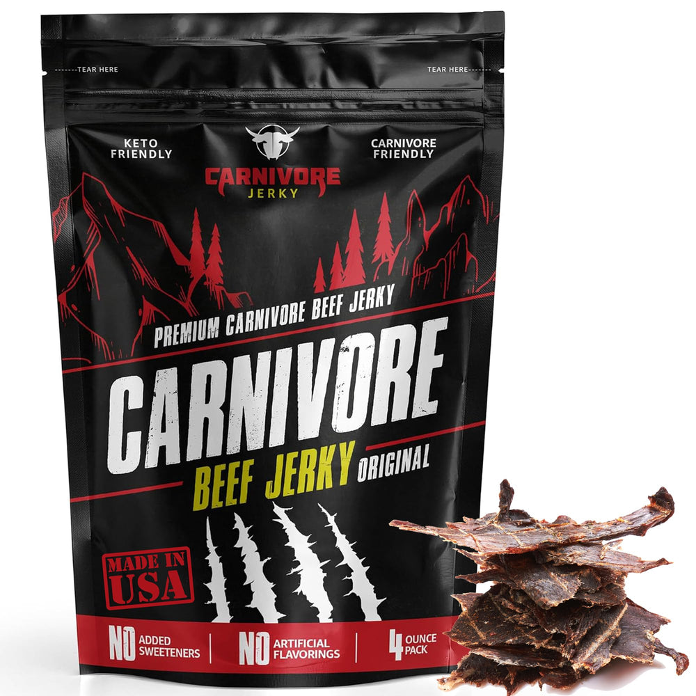 Carnivore Electrolytes grass-fed beef jerky in a 4 oz pouch for high-protein on-the-go snacking.