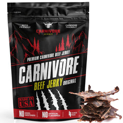 Carnivore Electrolytes grass-fed beef jerky in a 4 oz pouch for high-protein on-the-go snacking.