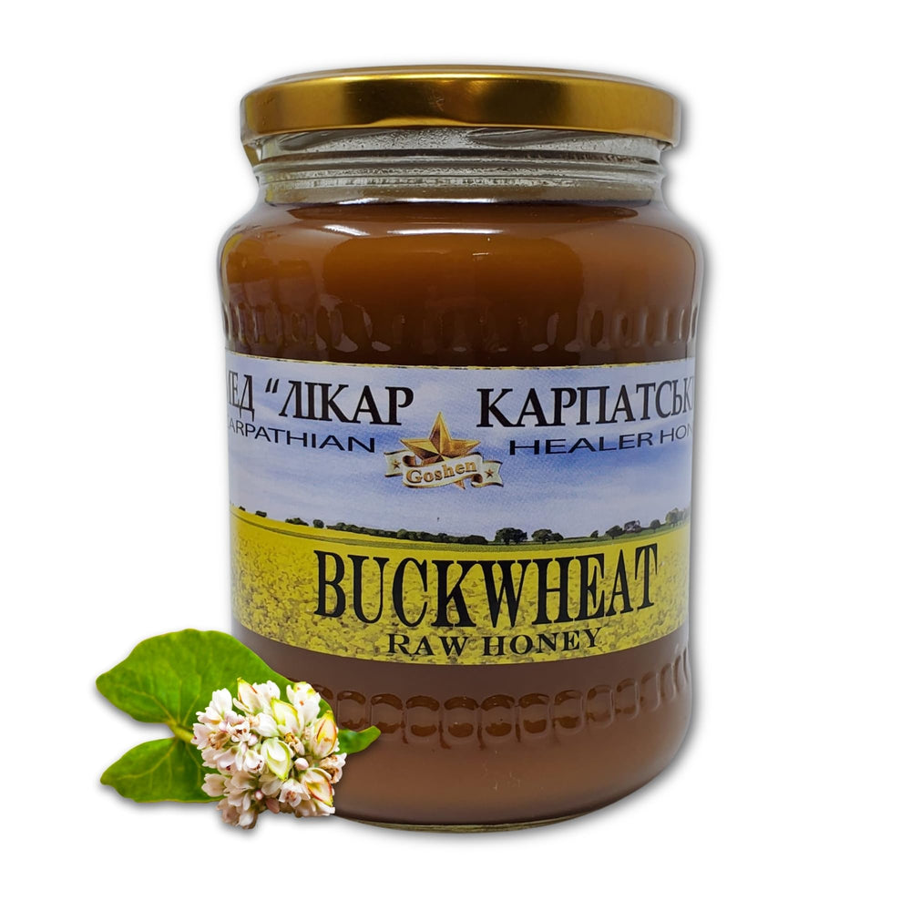Carpathian Healer Buckwheat Honey jar reveals deep amber color and purity.