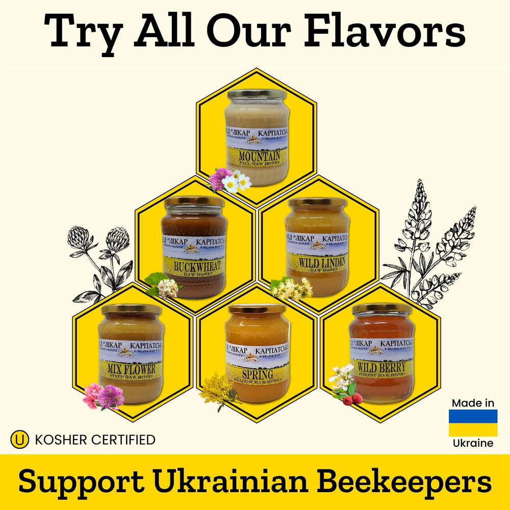 Carpathian Healer Buckwheat Honey label highlights ethical sourcing.
