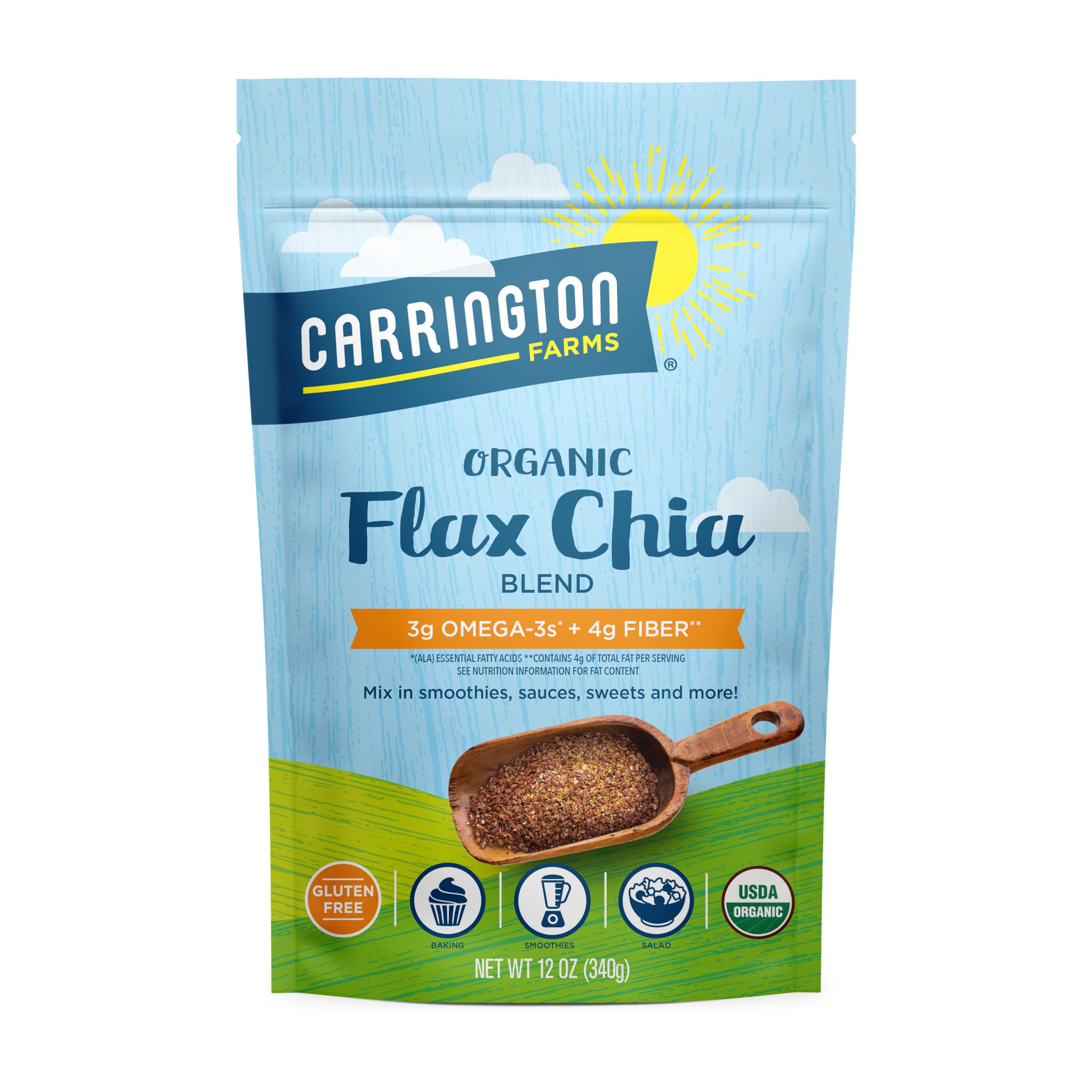 Carrington Farms Flax Chia Blend bottle showing organic ingredients and omega-3s