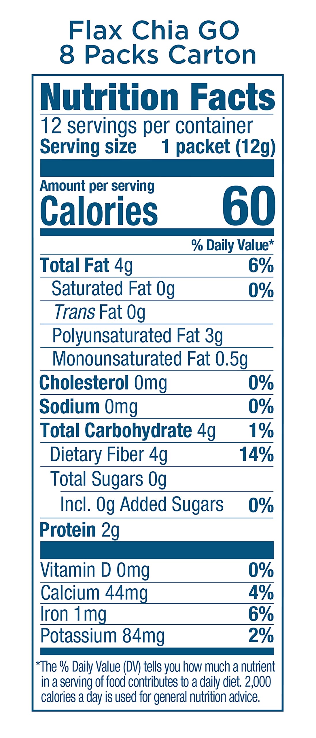 Carrington Farms flax chia packs nutrition label highlighting omega-3 and fiber benefits.