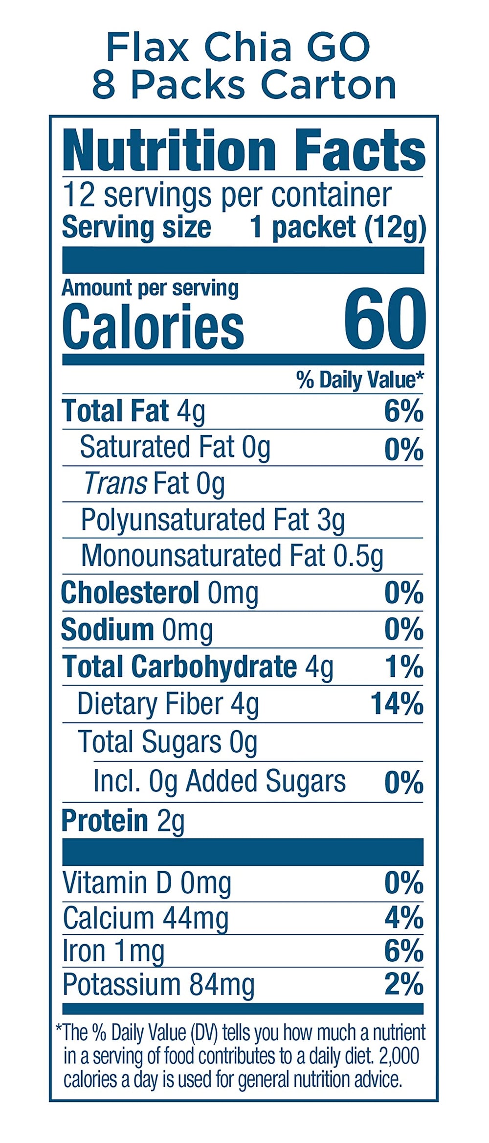 Carrington Farms flax chia packs nutrition label highlighting omega-3 and fiber benefits.