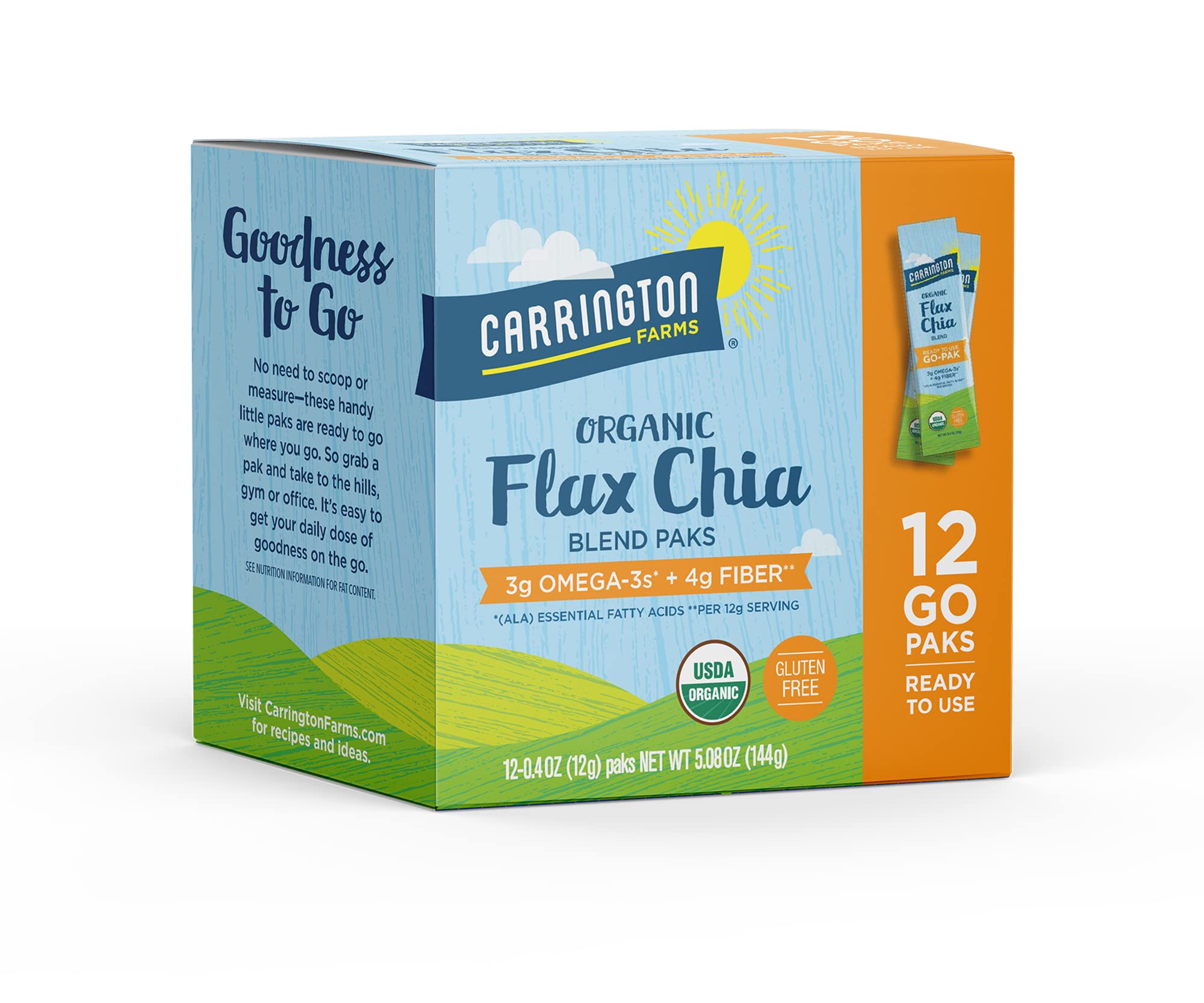 Carrington Farms flax chia packs used in a smoothie for added texture and nutrition.