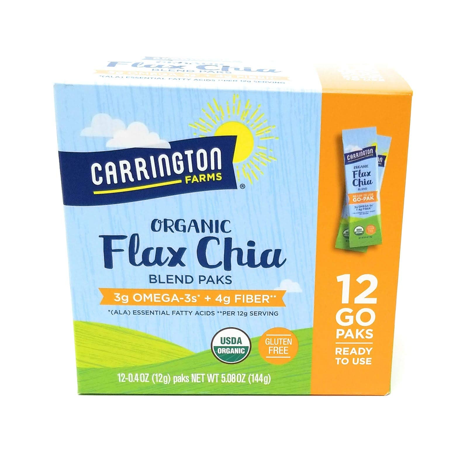 Carrington Farms flax chia paks box front showing ready-to-eat nutrition on the go