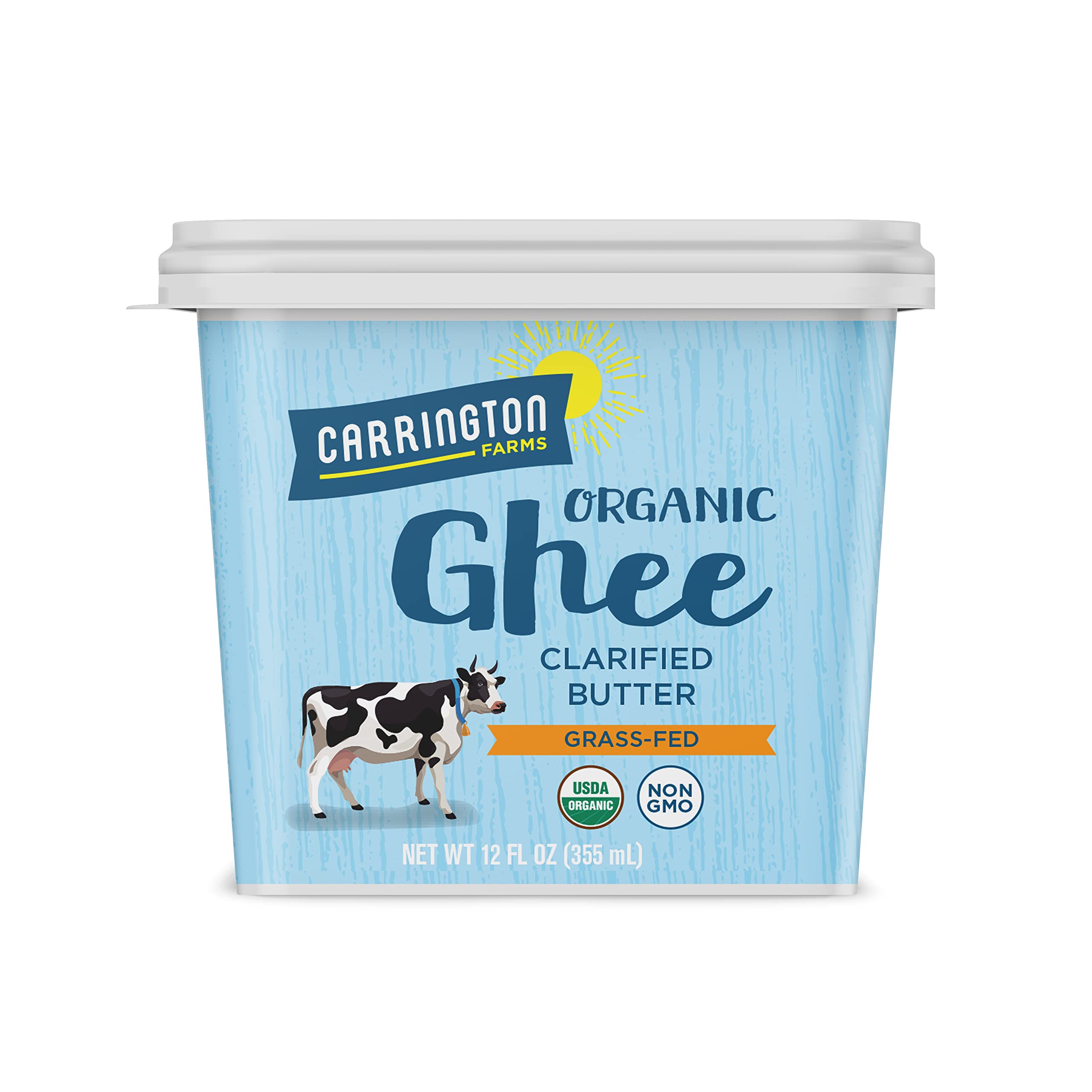 Carrington Farms Ghee label closeup highlighting organic, grass-fed origin for quality cooking.