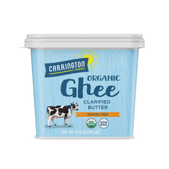 Carrington Farms Ghee label closeup highlighting organic, grass-fed origin for quality cooking.