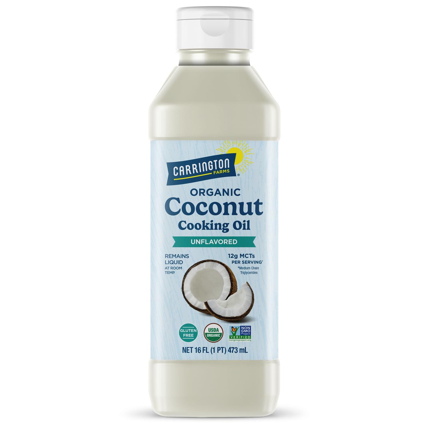 Carrington Farms liquid coconut oil bottle close-up for premium cooking in the kitchen