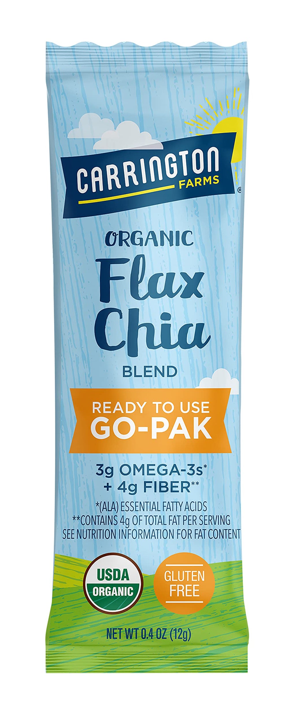 Carrington Farms omega-3 and fiber-rich packs ideal for digestion and energy.