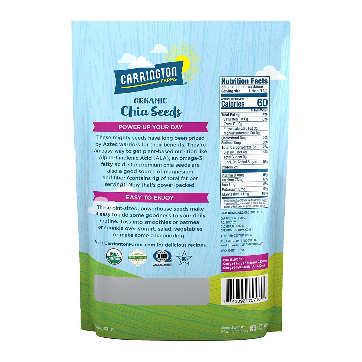 Close-up of Carrington Farms chia seeds, omega-rich seeds for smoothies.