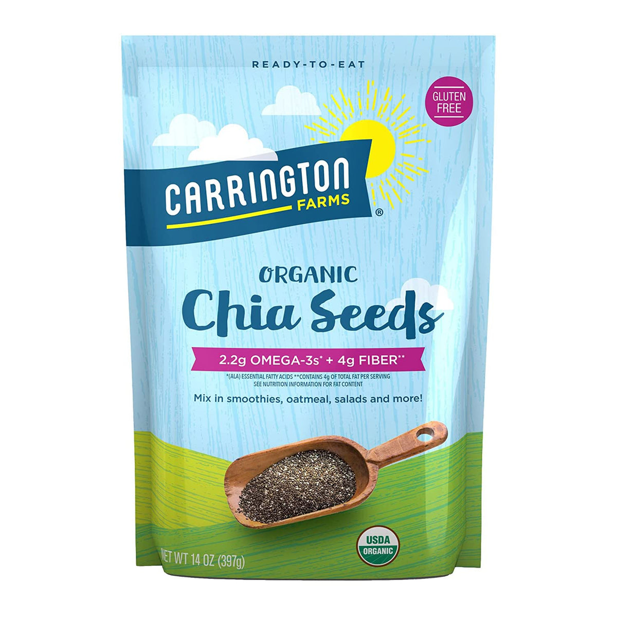 Carrington Farms chia seeds packaging on shelf, gluten-free pantry staple.