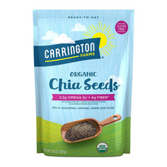 Carrington Farms chia seeds packaging on shelf, gluten-free pantry staple.