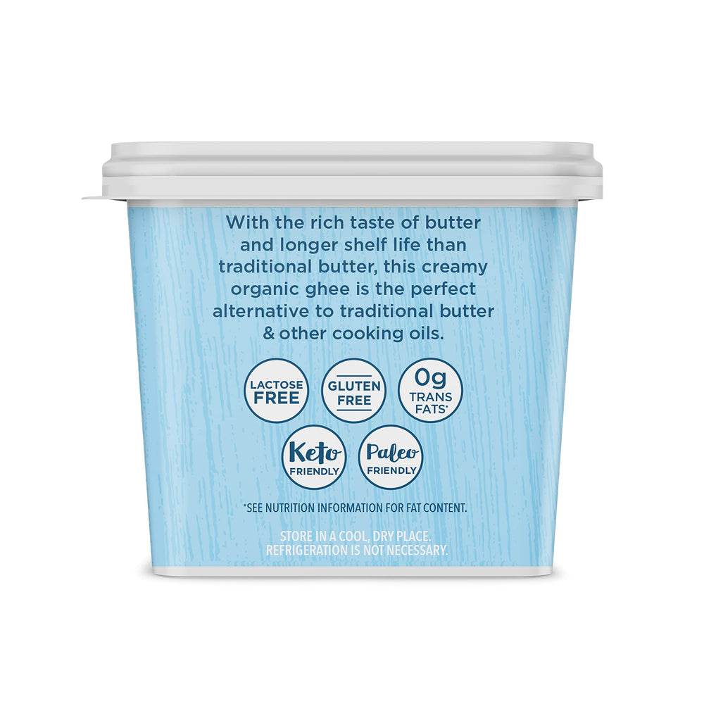 Carrington Farms ghee nutrition label shows organic, grass-fed source and vitamins