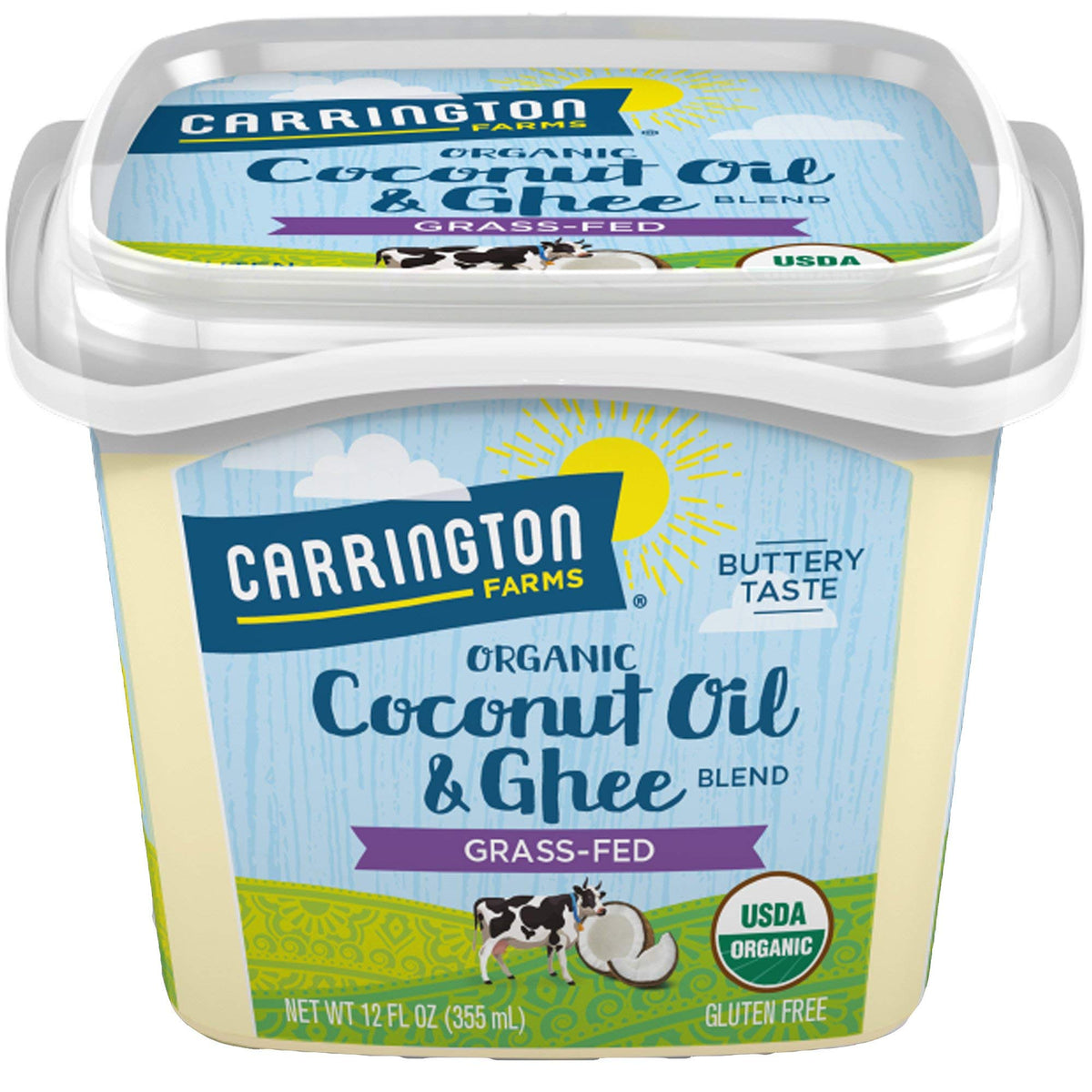 Carrington Farms ghee and coconut oil bottle pour for high-heat cooking.
