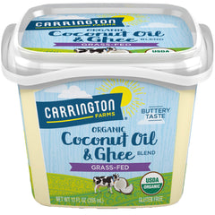 Carrington Farms ghee and coconut oil bottle pour for high-heat cooking.