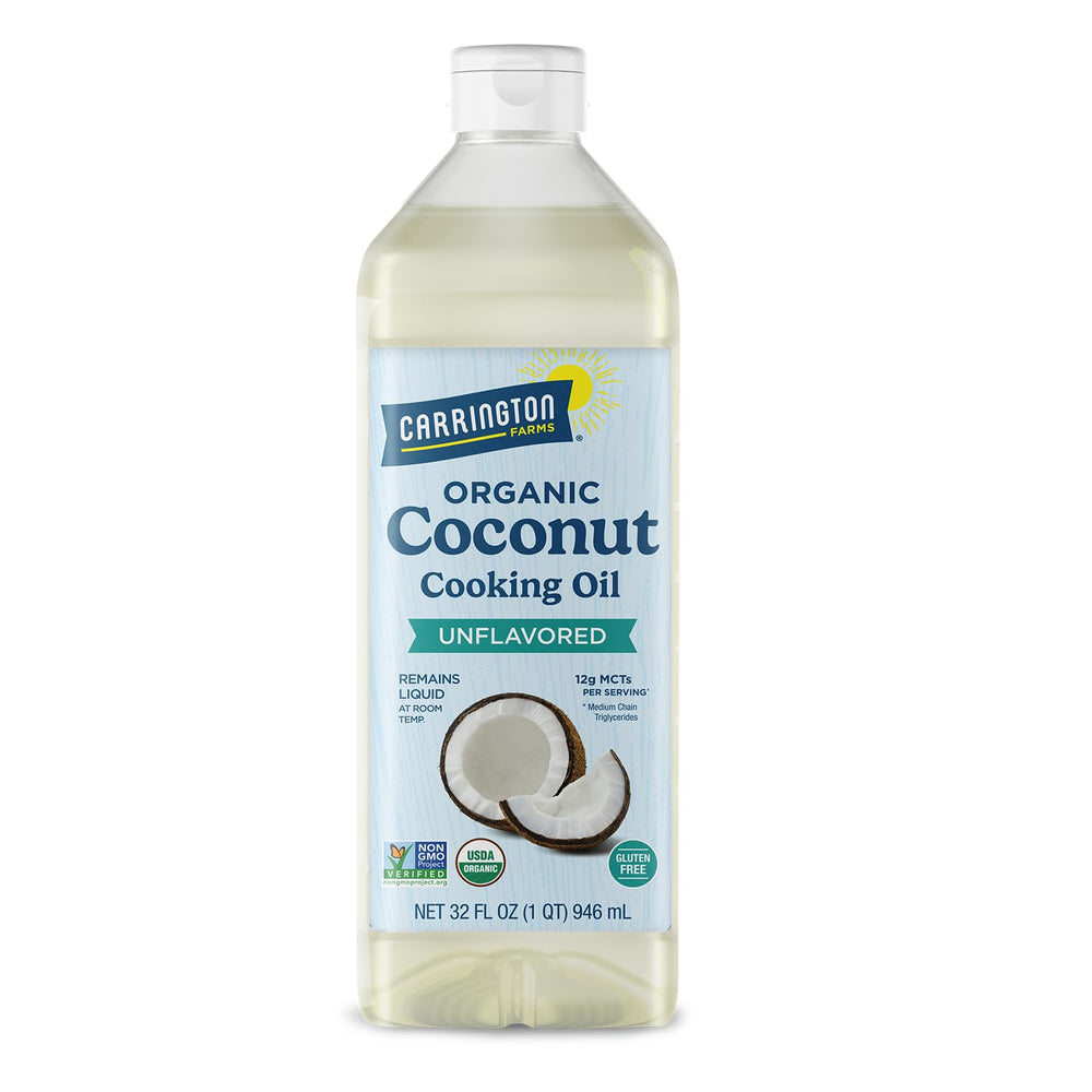 Carrington Farms organic liquid coconut oil bottle 32 oz viewed for high-heat cooking