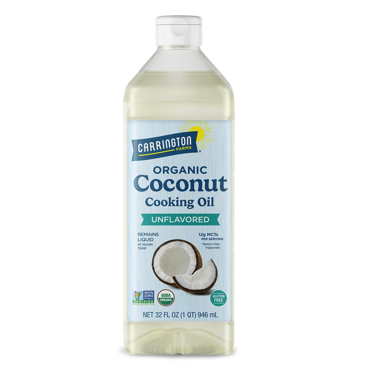 Carrington Farms organic liquid coconut oil bottle 32 oz viewed for high-heat cooking