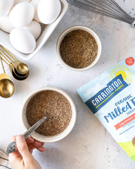 Carrington Farms flax seed in bowl of oatmeal or smoothie highlights versatile usage.