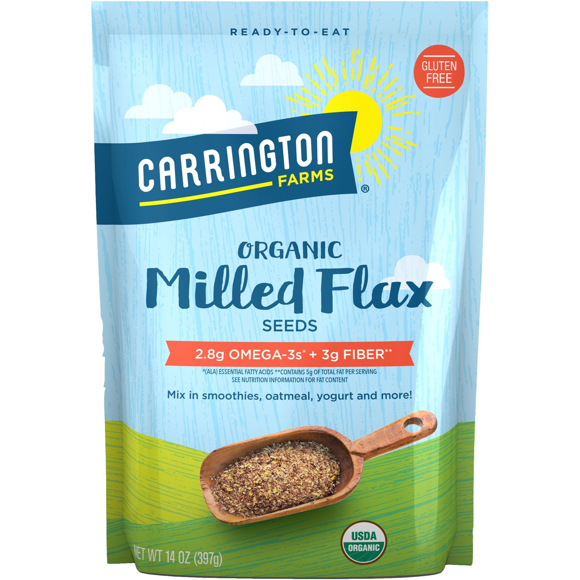 Carrington Farms organic milled flax seed packaging with resealable cap for easy daily use.