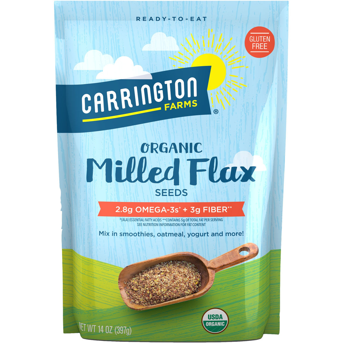 Carrington Farms organic milled flax seed packaging with resealable cap for easy daily use.