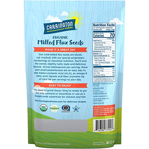 Carrington Farms organic milled flax seed texture closeup shows nutty aroma and fiber-rich appeal.