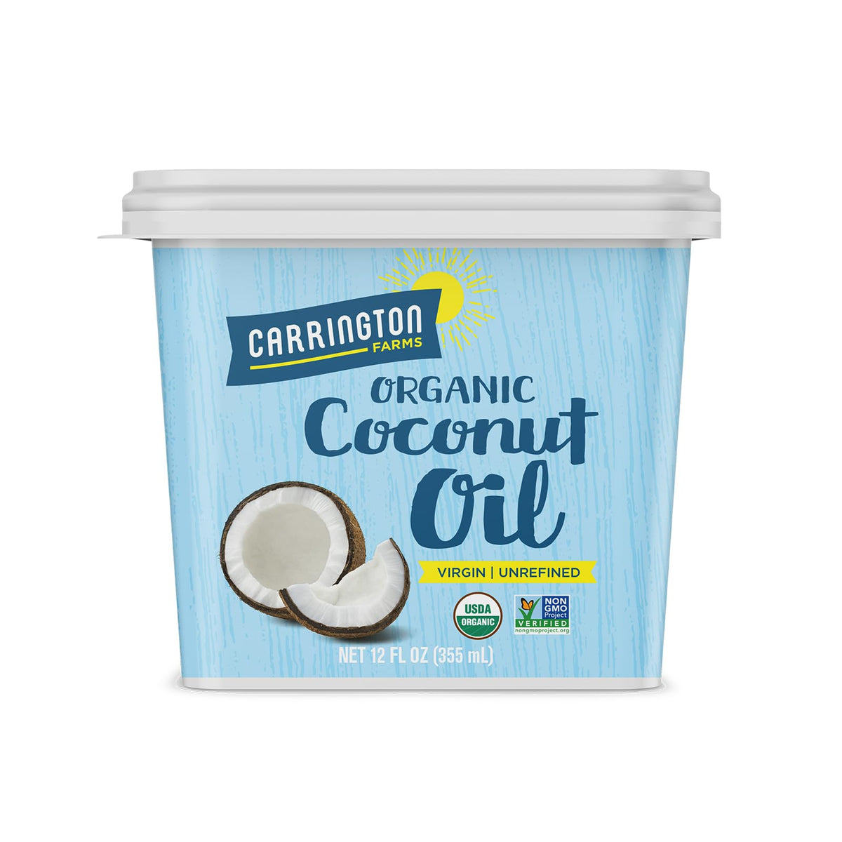 Carrington Farms organic virgin coconut oil bottle with premium cold-pressed oil