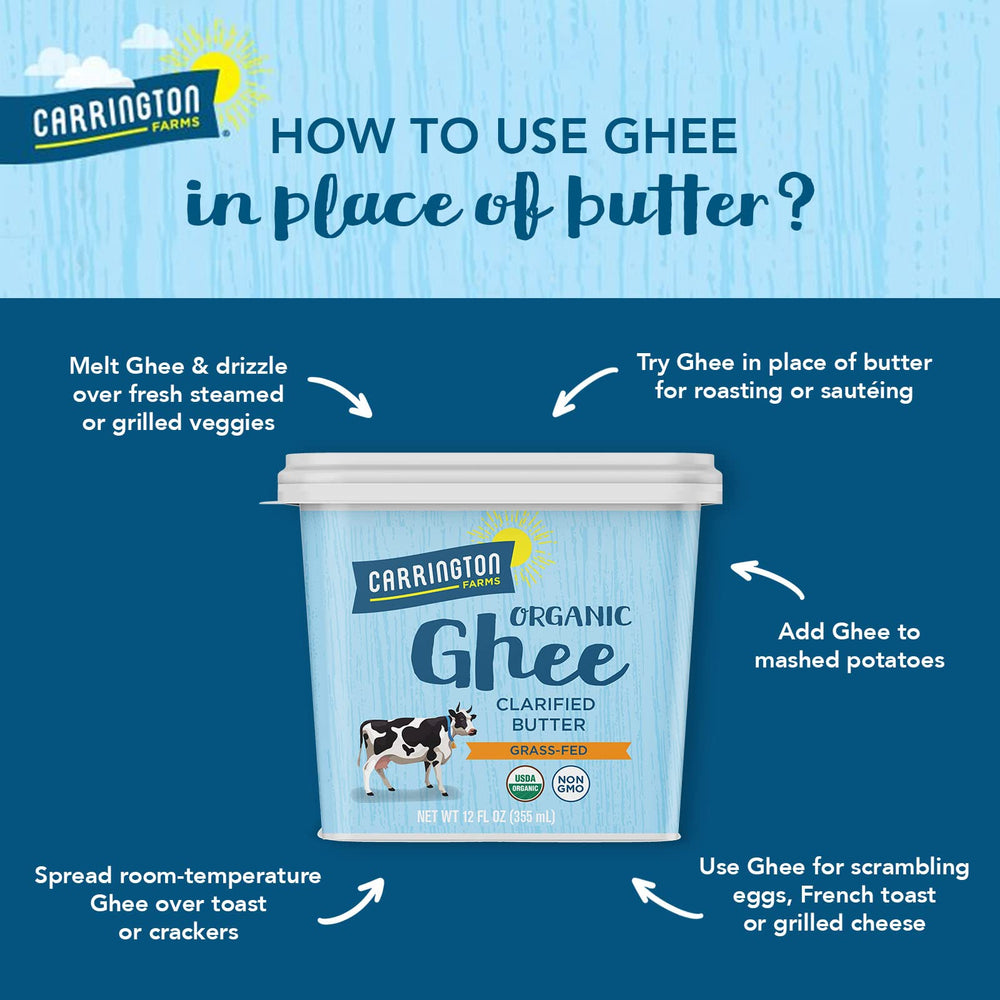Carrington Farms triple-filtered process image conveys pure, dairy-free butter oil.