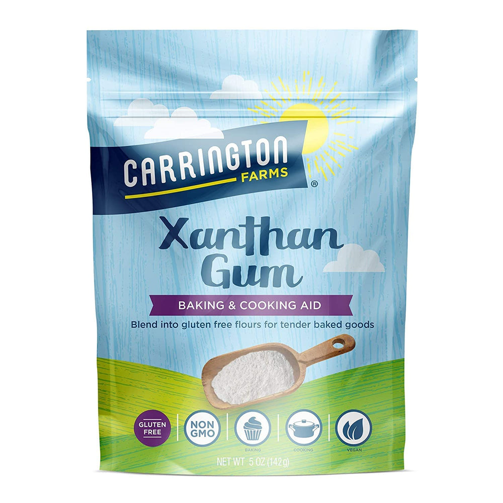 Carrington Farms xanthan gum bottle pour enhances gluten-free baking texture.
