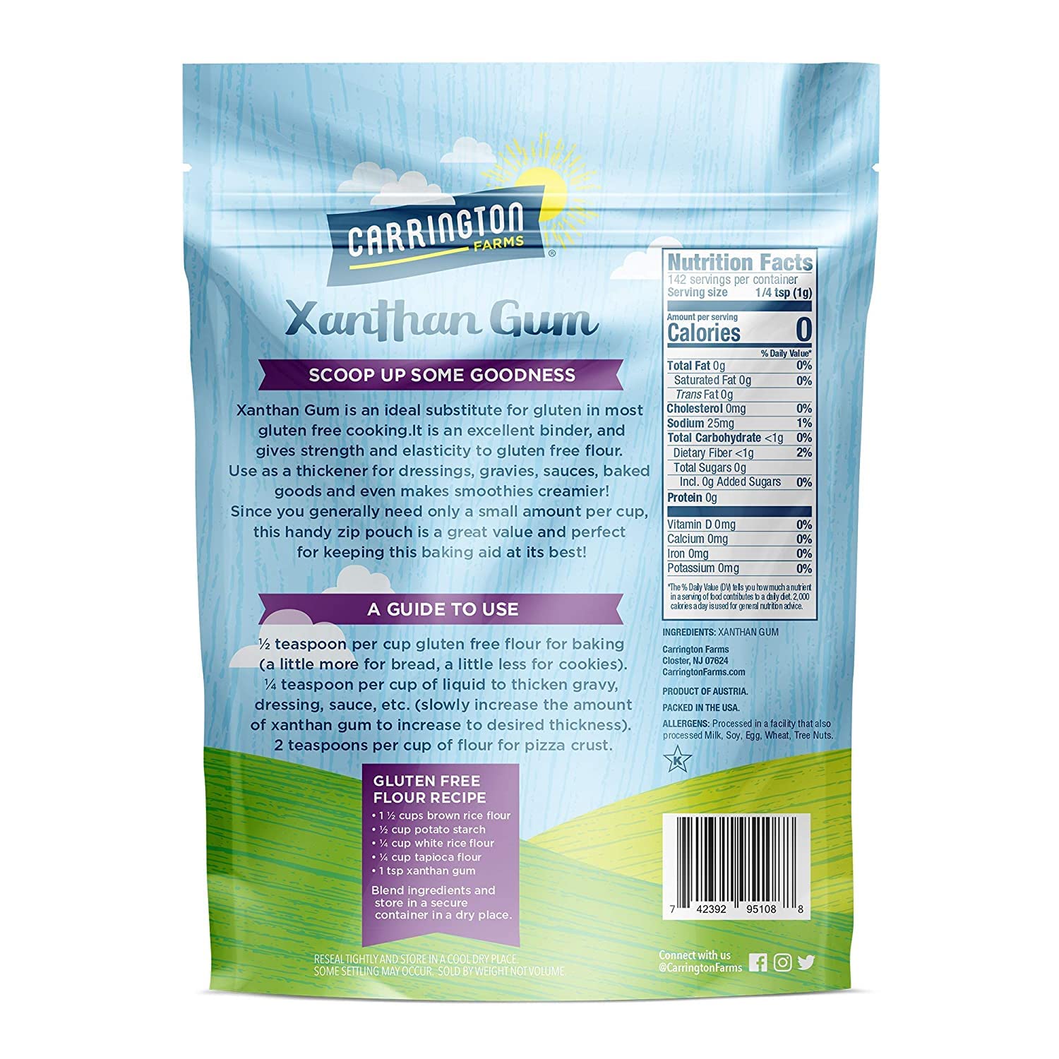 Carrington Farms xanthan gum resealable pouch keeps product fresh for easy use.