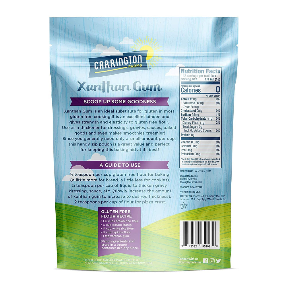 Carrington Farms xanthan gum resealable pouch keeps product fresh for easy use.