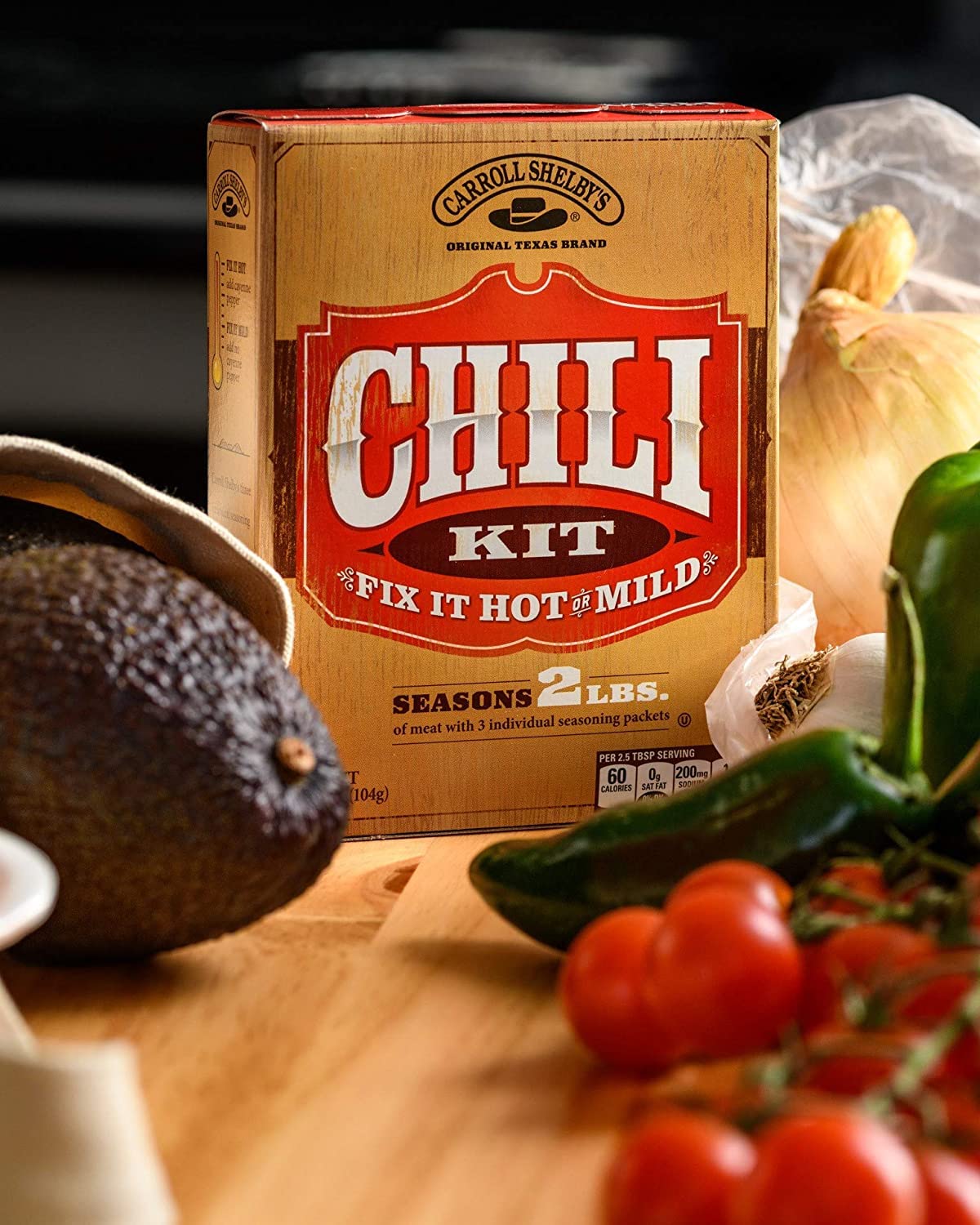 Carroll Shelby Chili Texas Kit on shelf, ready for pantry rotation.