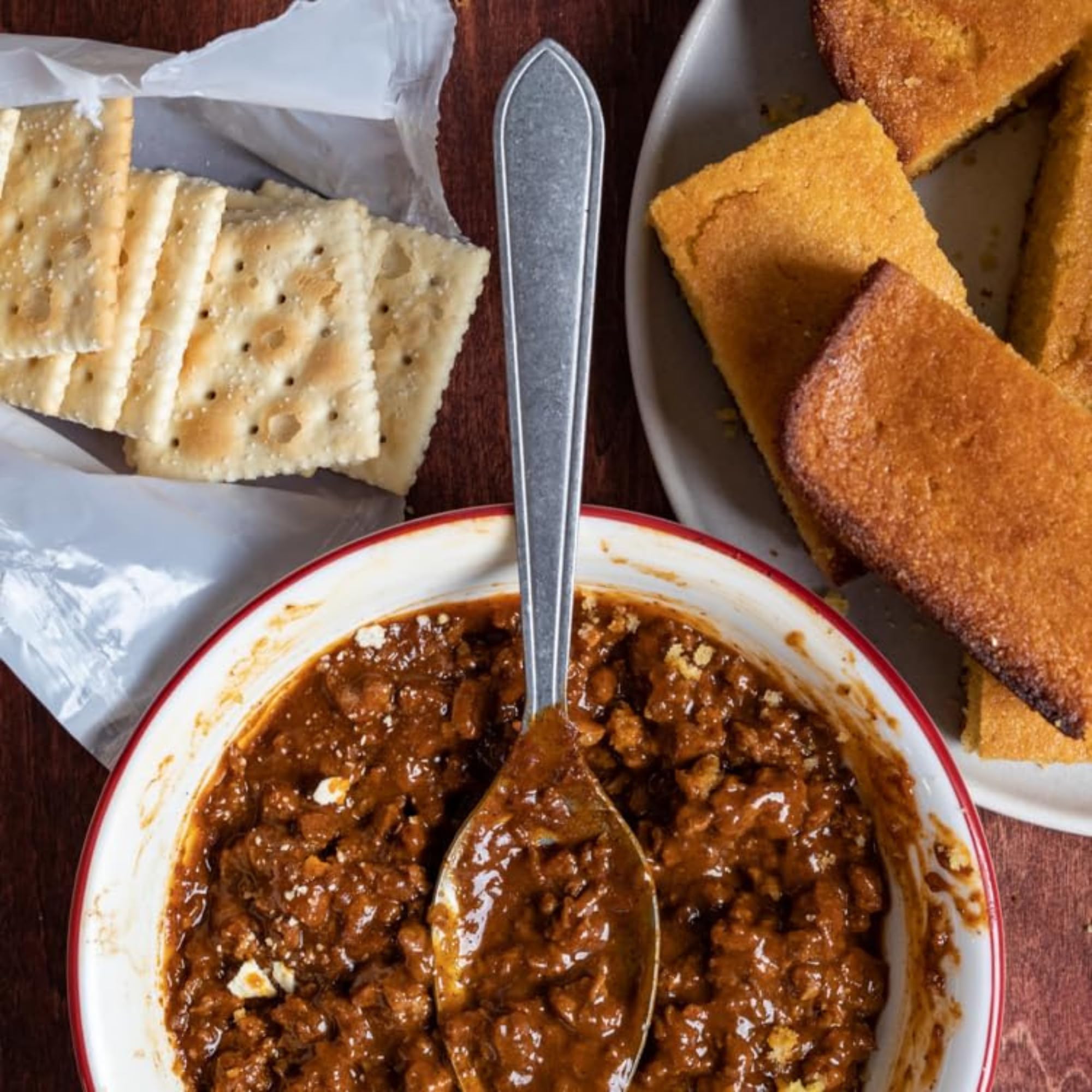 Two pounds of meat simmering with Carroll Shelby's chili for bold Texas flavor.