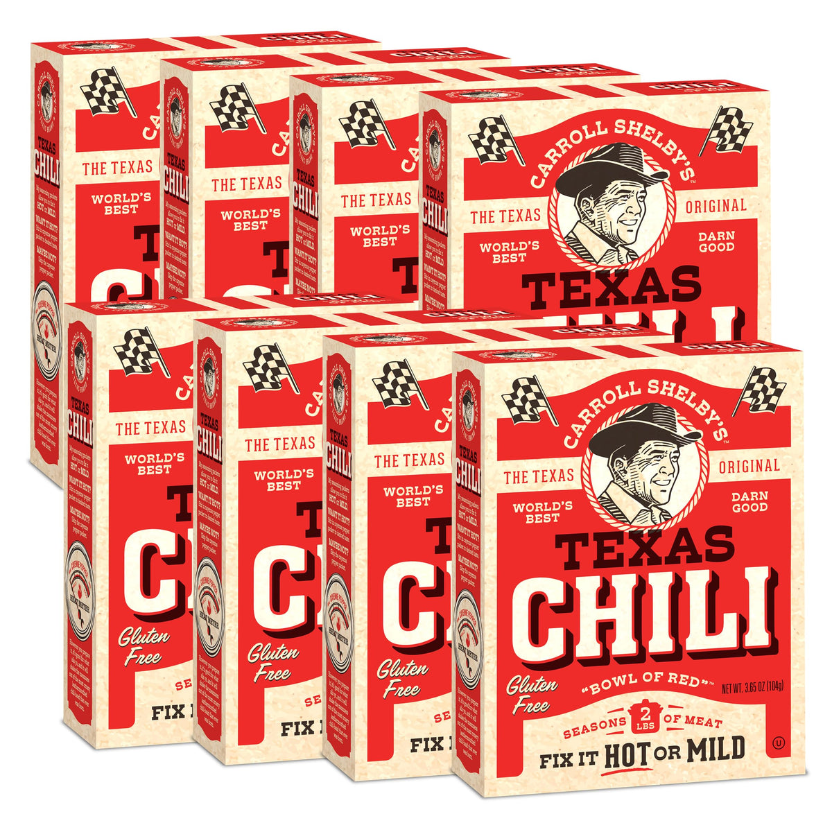 Carroll Shelby's Chili Kit eight-pack box displayed for family meals and gatherings.