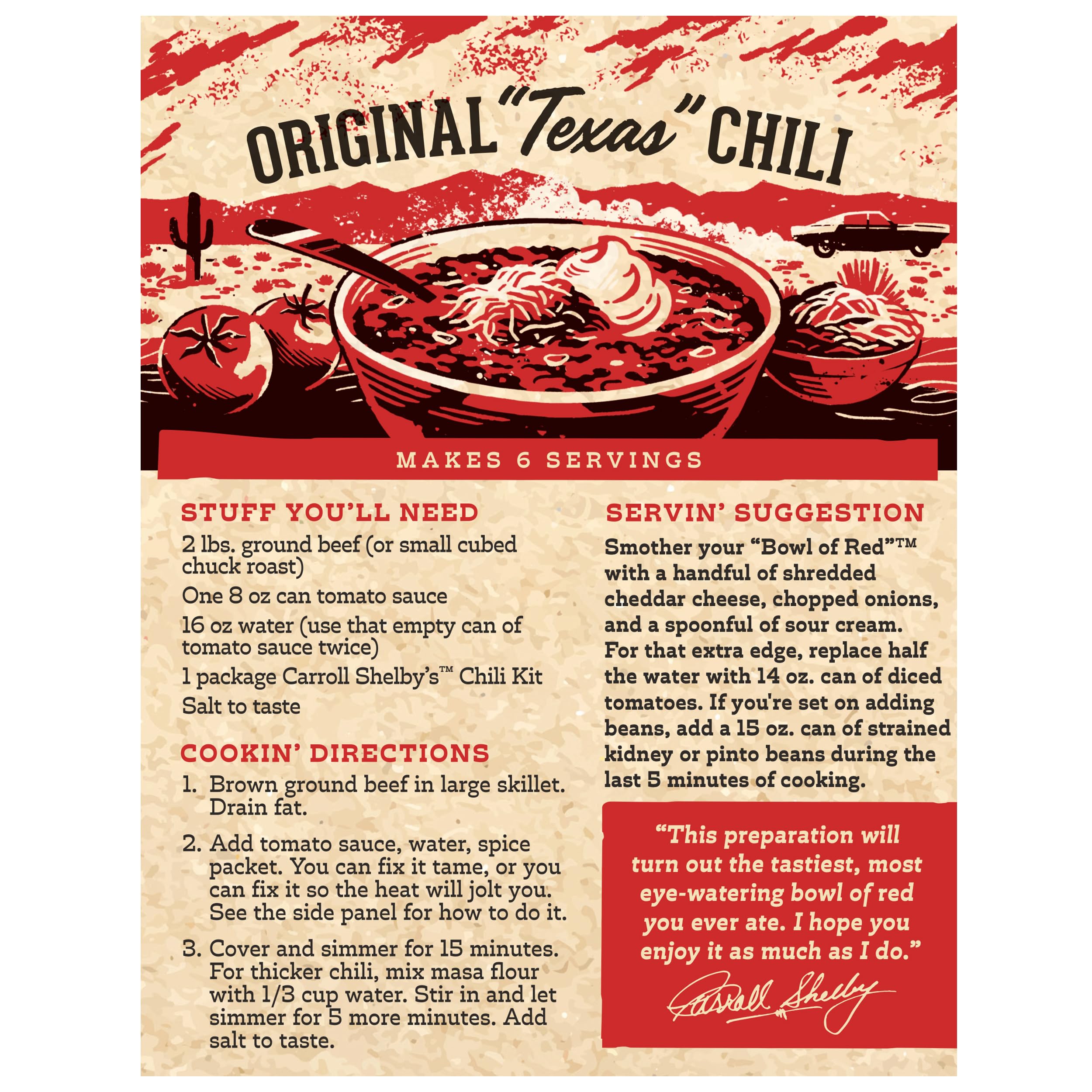 Close-up of cayenne packet from Carroll Shelby's chili kit showing adjustable heat.
