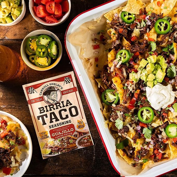 Party taco night spread with Carroll Shelby's Birria seasoning and toppings
