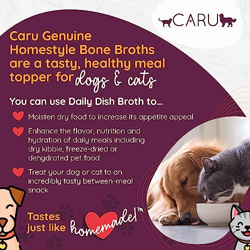 Caru bone broth poured over dry kibble to moisten meals.