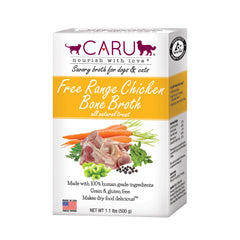 Caru free-range bone broth in a pet bowl to entice meals with rich aroma.