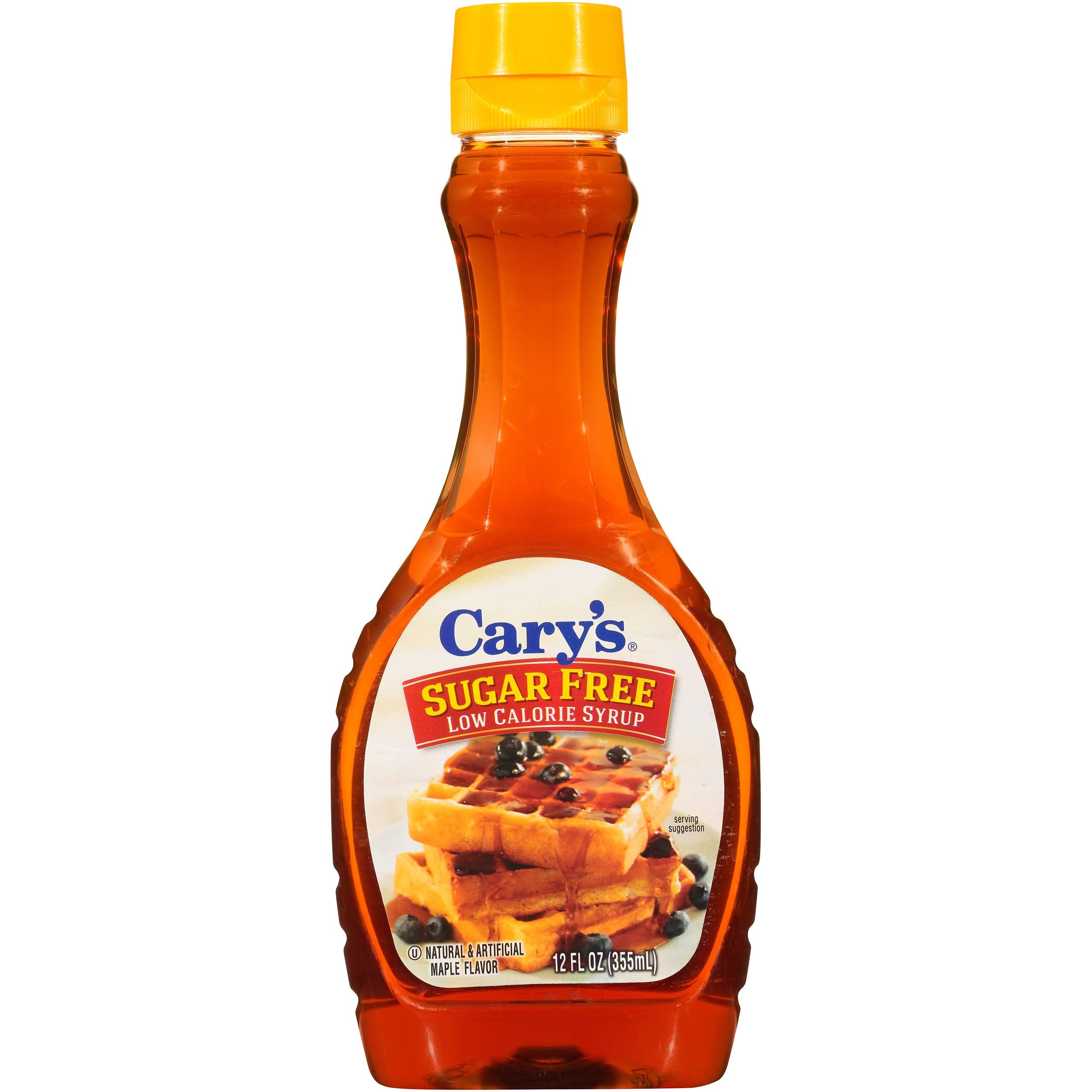 Cary's Sugar Free Low Calorie Syrup bottle pour enhances pancakes with a light maple flavor.