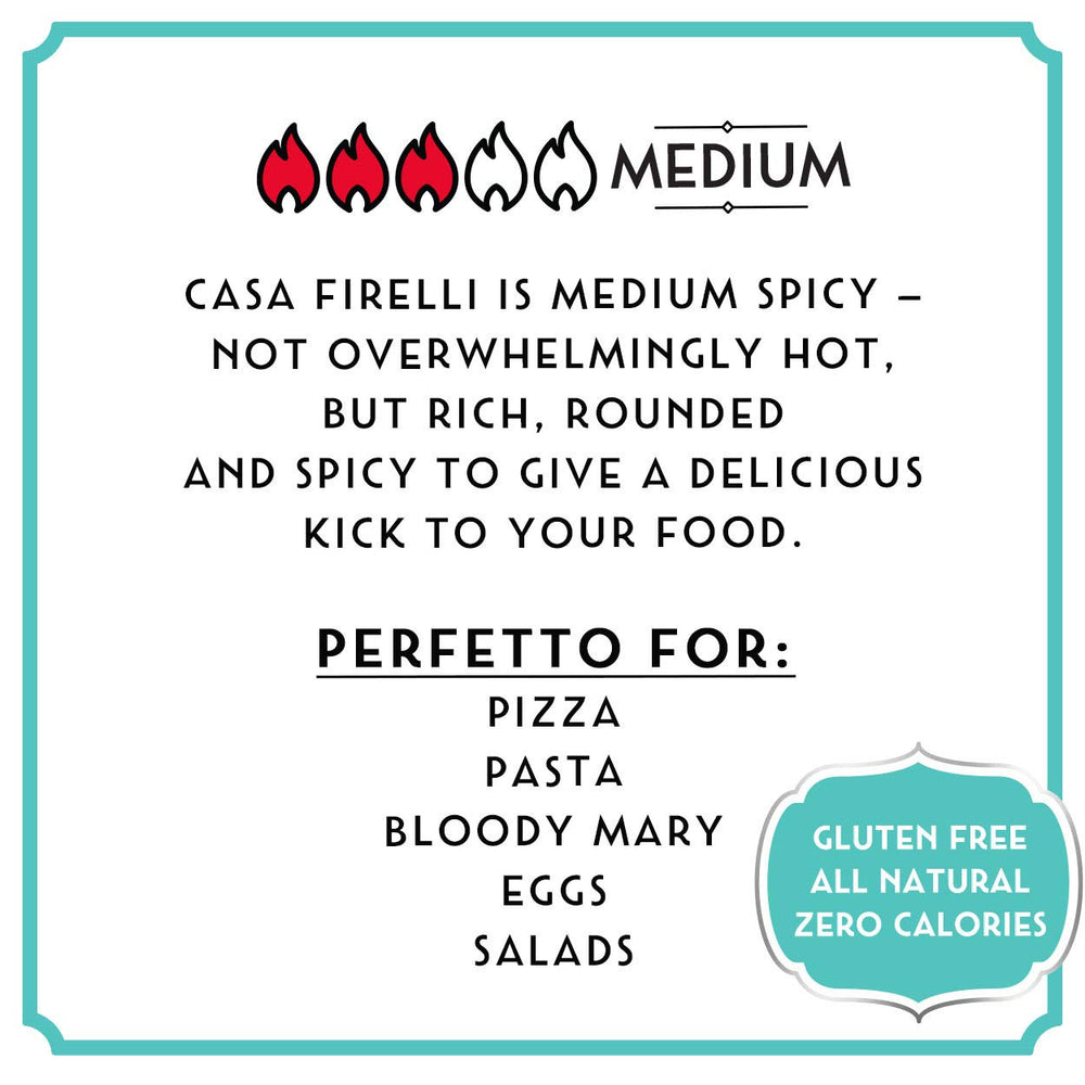 CASA FIRELLI Firelli hot sauce pouring on pizza for balanced flavor boost.