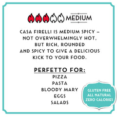 CASA FIRELLI Firelli hot sauce pouring on pizza for balanced flavor boost.