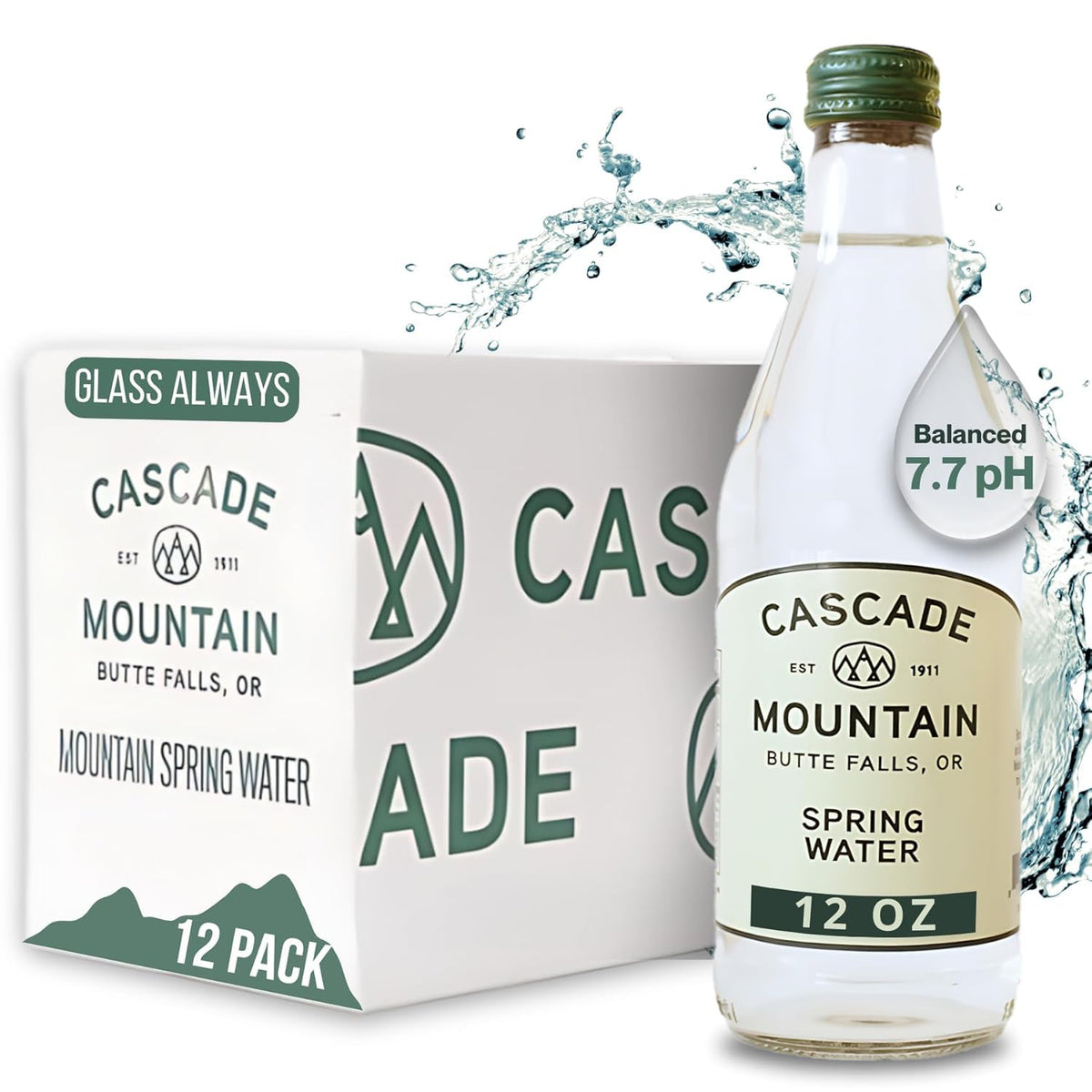 Cascade Mountain 12oz glass bottle for premium daily hydration.