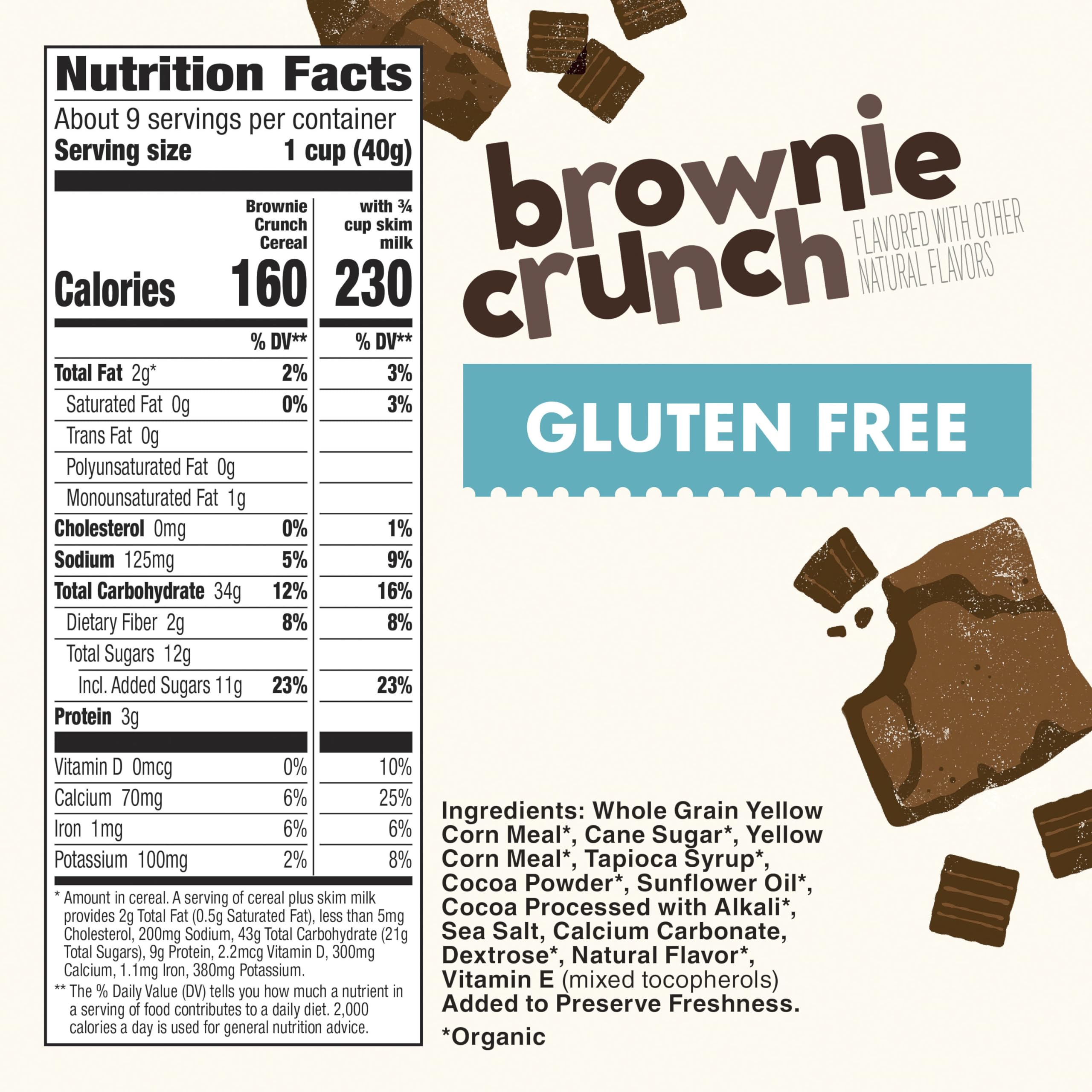 Bowl of Cascadian Farm Brownie Crunch Cereal with milk showing real cocoa flavor.