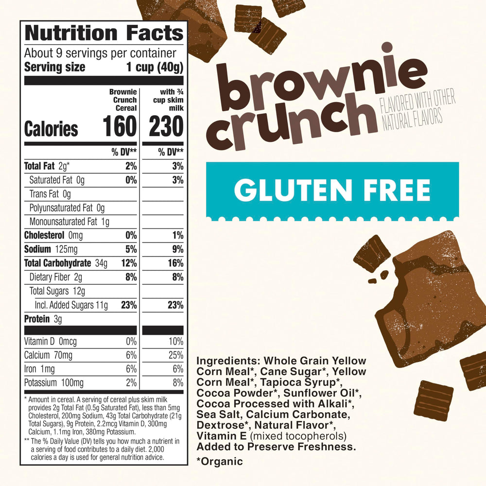 Bowl of Cascadian Farm Brownie Crunch Cereal with milk showing real cocoa flavor.