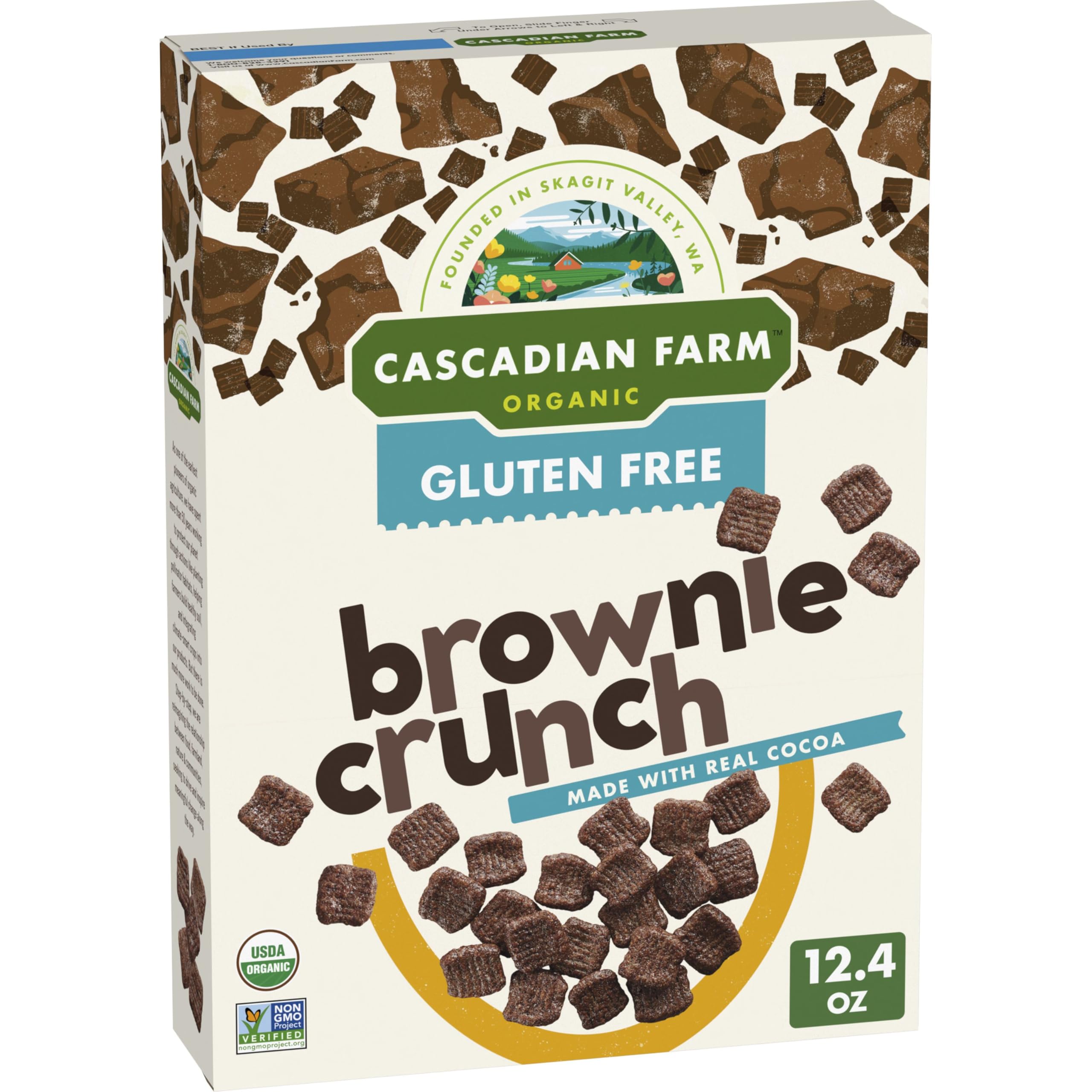 Cascadian Farm Brownie Crunch Cereal box front highlighting gluten-free, organic breakfast appeal.