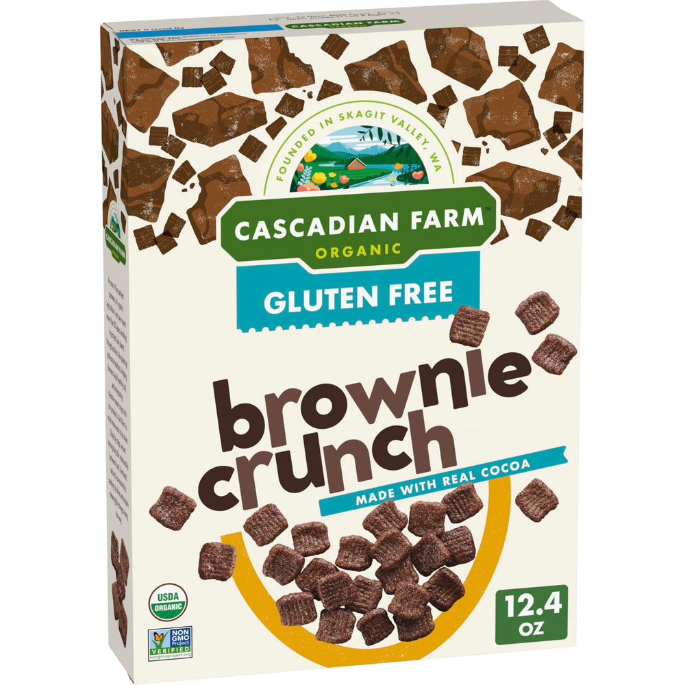 Cascadian Farm Brownie Crunch Cereal box front highlighting gluten-free, organic breakfast appeal.