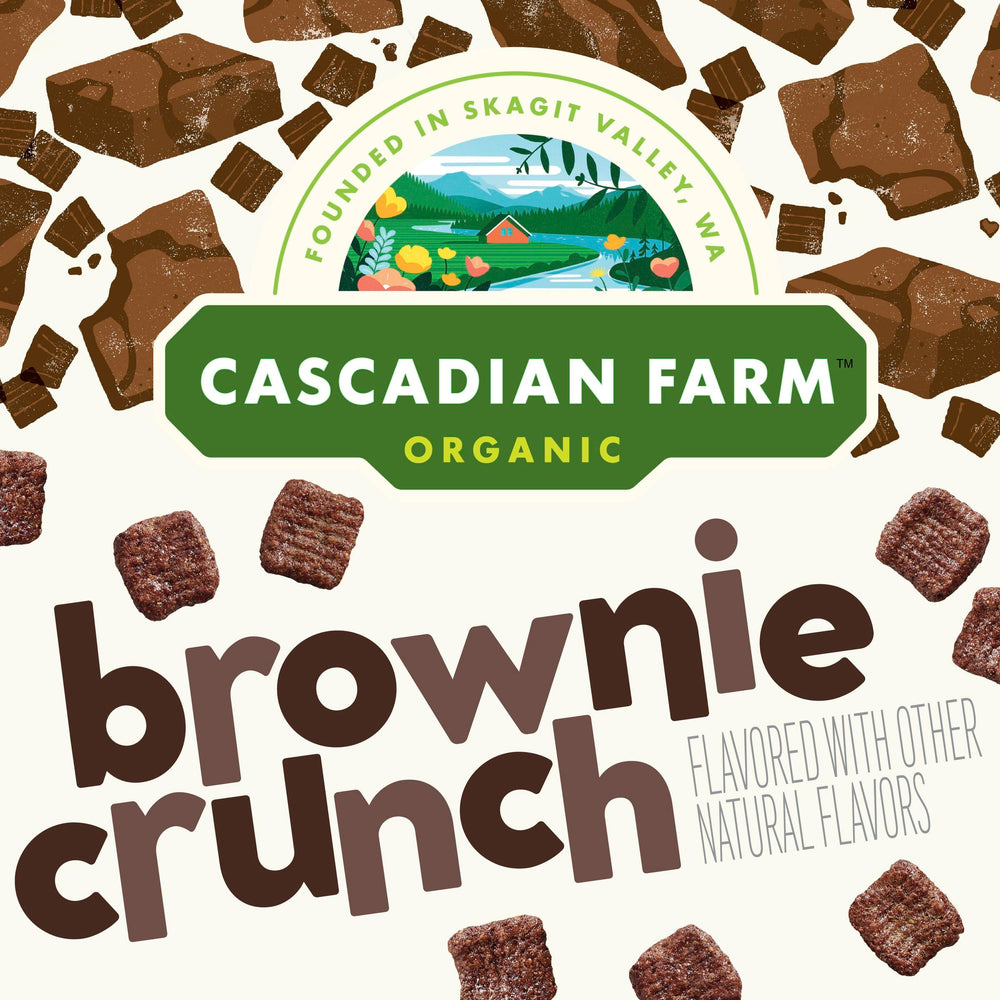 Back packaging of Cascadian Farm cereal detailing Organic and Non-GMO verification.