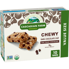 Cascadian Farm chewy granola bars with dark chocolate chips on the go.